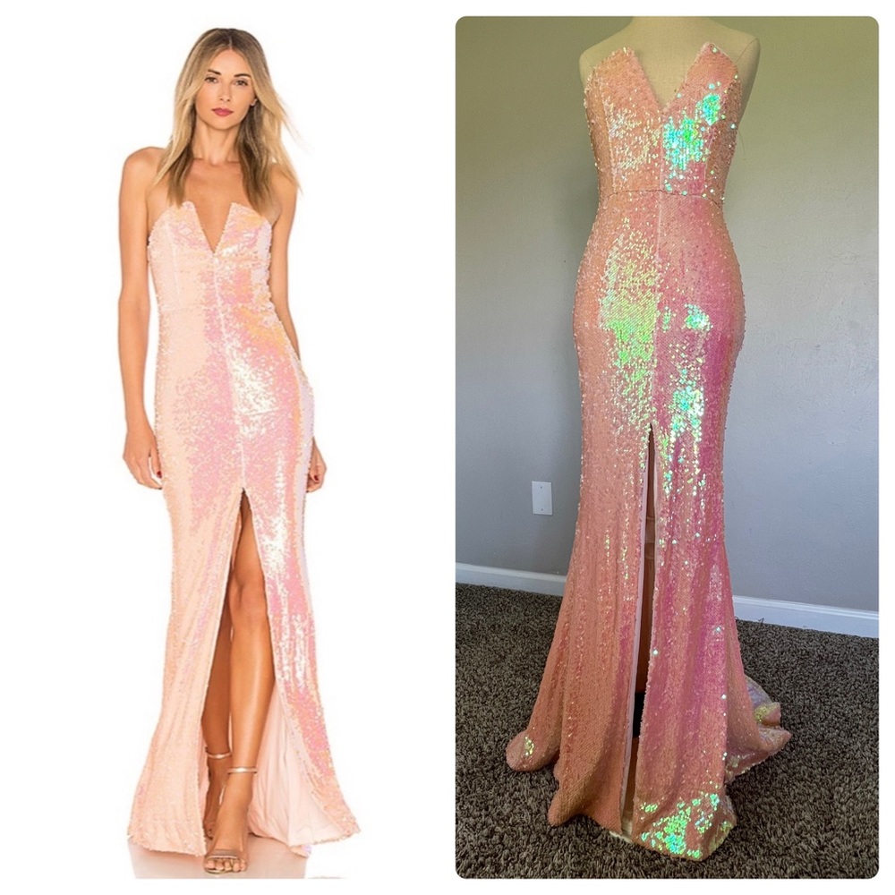 NBD Dreams From Yesterday Sequins Gown Electric Peach REVOLVE Barbiecore